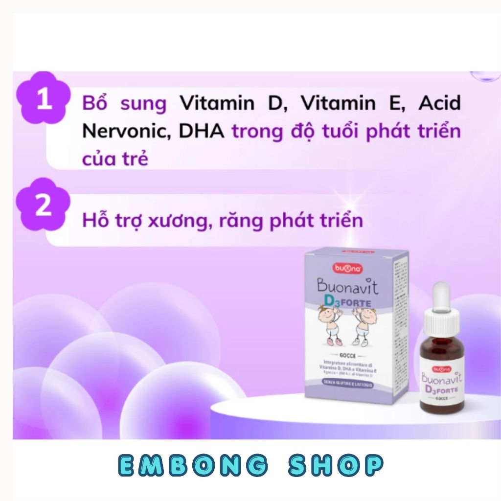 BUONAVIT D3 FORTE ( LỌ 12ml) Bổ sung D3 và DHA cho bé, dùng cho bé thiếu cân và sinh non.Phát Triển 