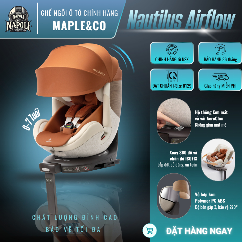 Ghế Ô Tô Cao Cấp Maple&Co Nautilus Airflow Cam - Quạt Làm Mát, Xoay 360°, R129 - Chính Hãng