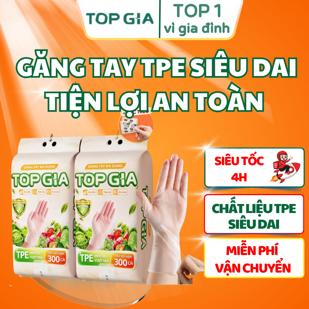 [300 CÁI] Găng tay TPE TOPGIA siêu dai mềm mại an toàn đa dụng tặng kèm móc treo tường dạng rút