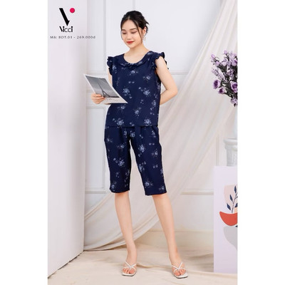 Bộ đồ mặc nhà đũi Vicci BDT.01 áo tay bèo nhún quần lửng họa tiết nhiều màu