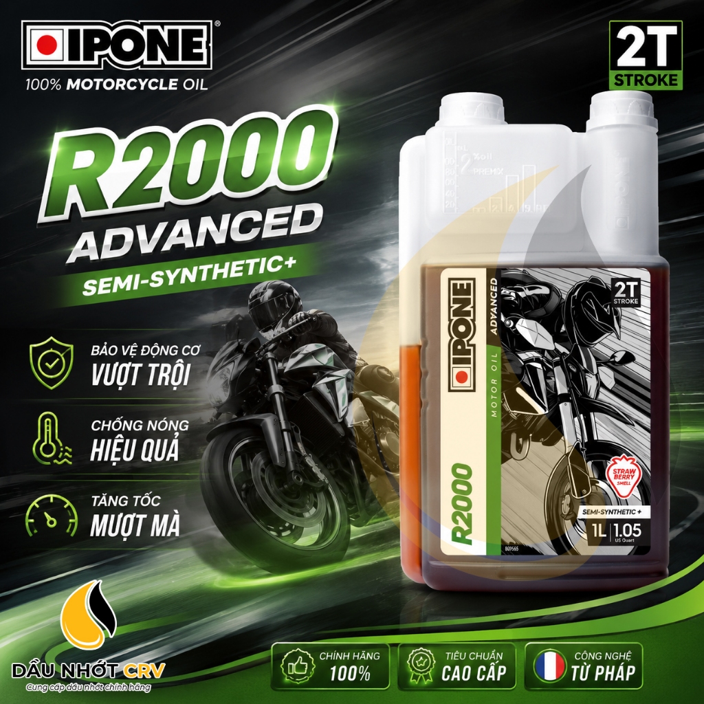 Nhớt 2 Thì IPONE R2000 Hương Dâu Đặc Trưng 1L -  Công Nghệ Tổng Hợp Tiêu Chuẩn API TC/ JASO FD