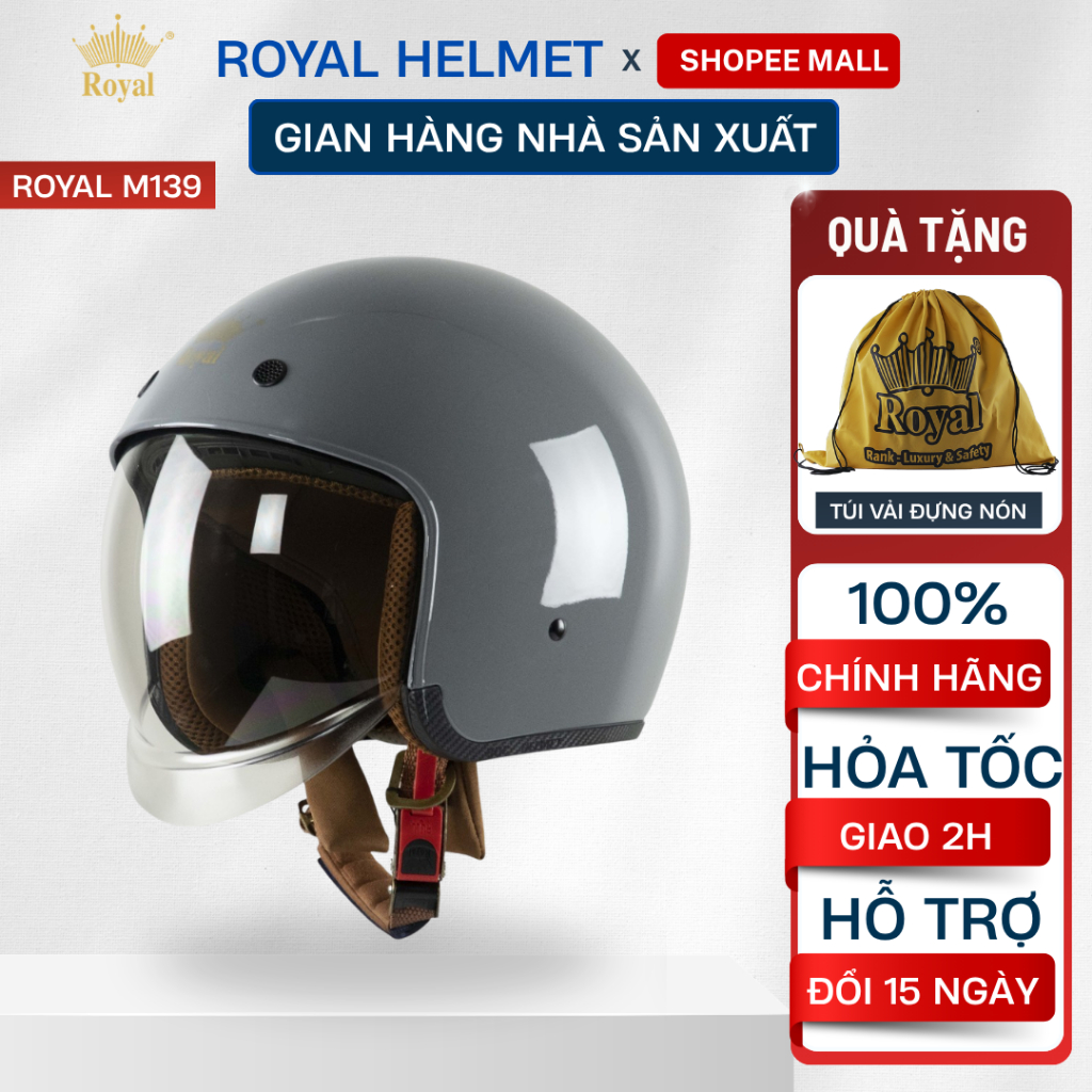 Mũ Bảo Hiểm 3/4 Royal M139 Chính Hãng Kính Âm Dài Full Mặt Kính Chắn Gió Cho Nam Nữ Tháo Lót Vệ Sinh