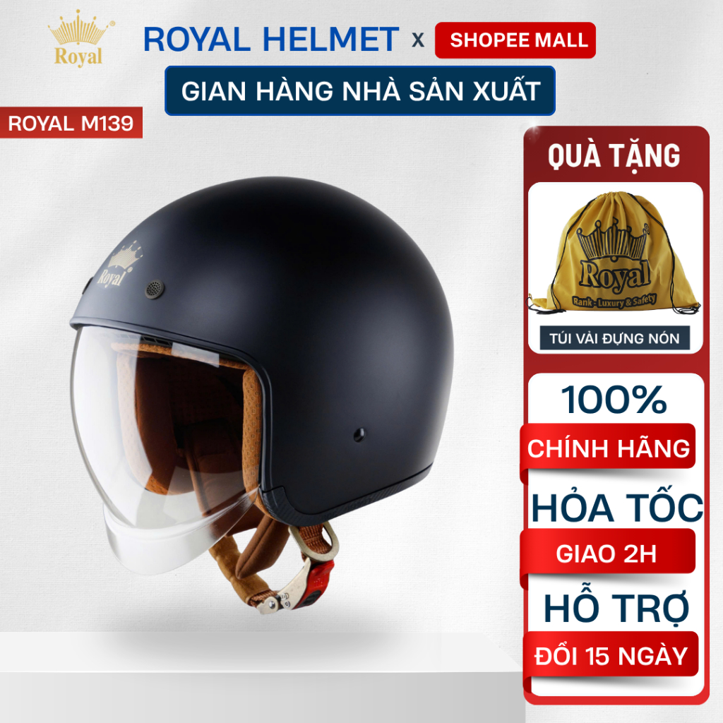 Mũ Bảo Hiểm 3/4 Royal M139 Chính Hãng Nam Nữ Kính Âm Dài, Mũ Bảo Hiểm Royal Helmet Chính Hãng Chắn G
