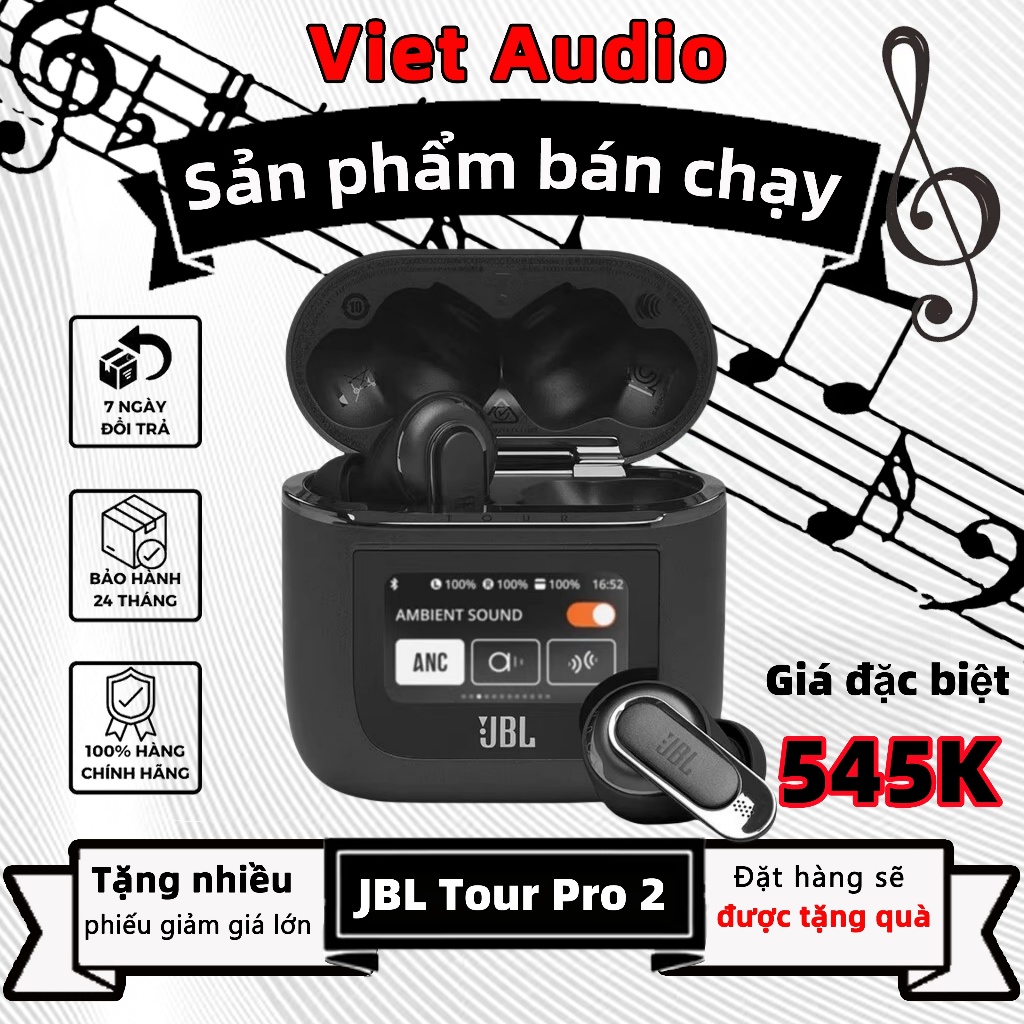 Tai nghe Bluetooth True Wireless JBL Tour Pro 2 (Bluetooth 5.3-Chống ồn ANC, màn hình LED Cảm ứng)