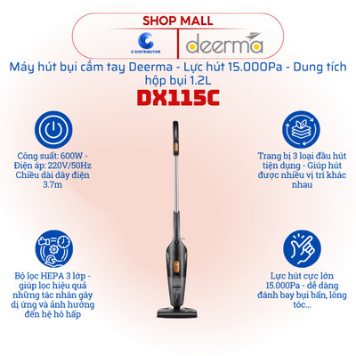 [HỎA TỐC] Máy hút bụi cầm tay Deerma DX115C - Lực hút 15.000Pa - Công suất 600W - Chính hãng