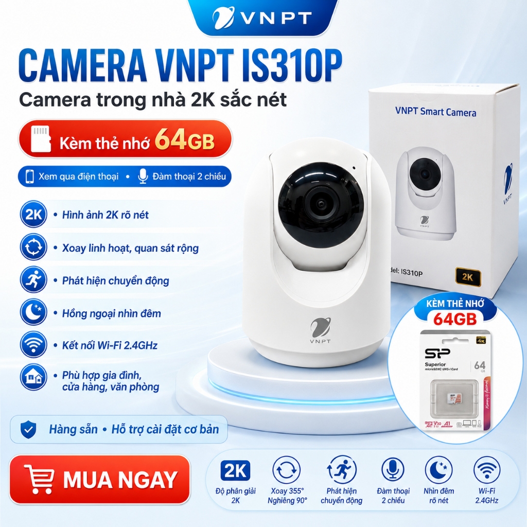 Camera VNPT IS310P 2K 3MP Kèm Thẻ Nhớ 64GB