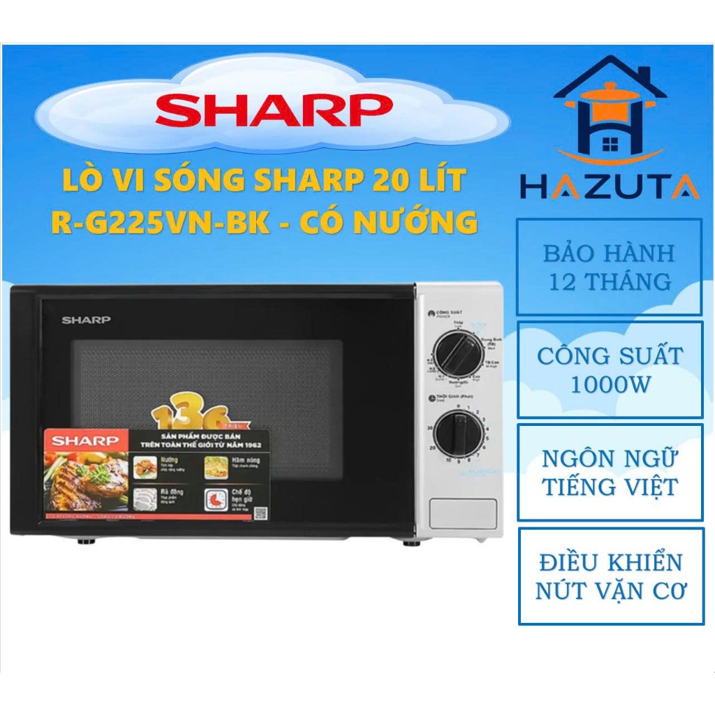 Lò vi sóng Sharp R-G225VN-BK 20 lít, có nướng, công suất 1000W, chính hãng, bảo hành 12 tháng toàn q