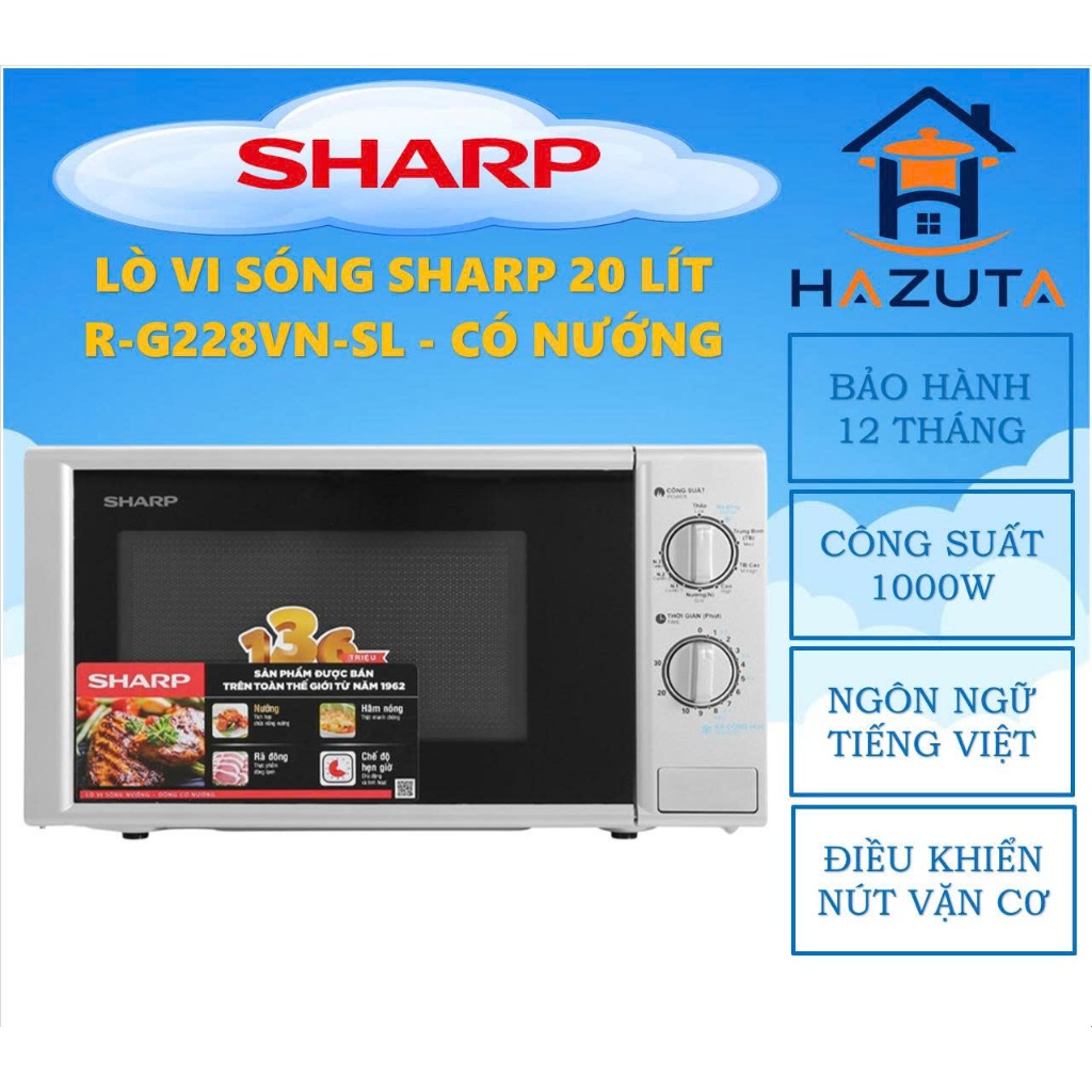 Lò vi sóng Sharp R-G228VN-SL 20 lít, có nướng, công suất 1000W, chính hãng, bảo hành 12 tháng toàn q