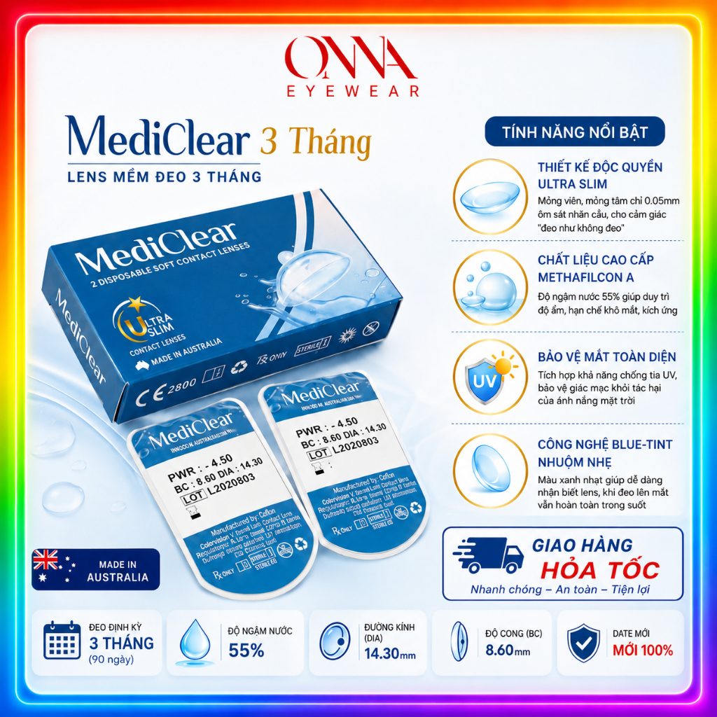 MediClear Kính Áp Tròng Không Màu Trong Suốt  3 Tháng Úc Chính Hãng, Date Mới Nhất, Độ CẬn 0 Đến 20 