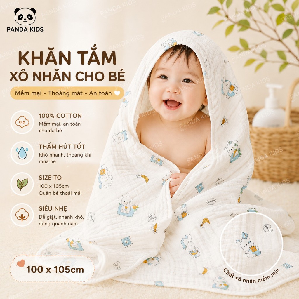 Khăn Tắm Xuân Hè Chất Xô Nhăn Loại 1 Kích Thước To 100*105cm siêu mềm, thoáng khí - Panda Kids - HT6