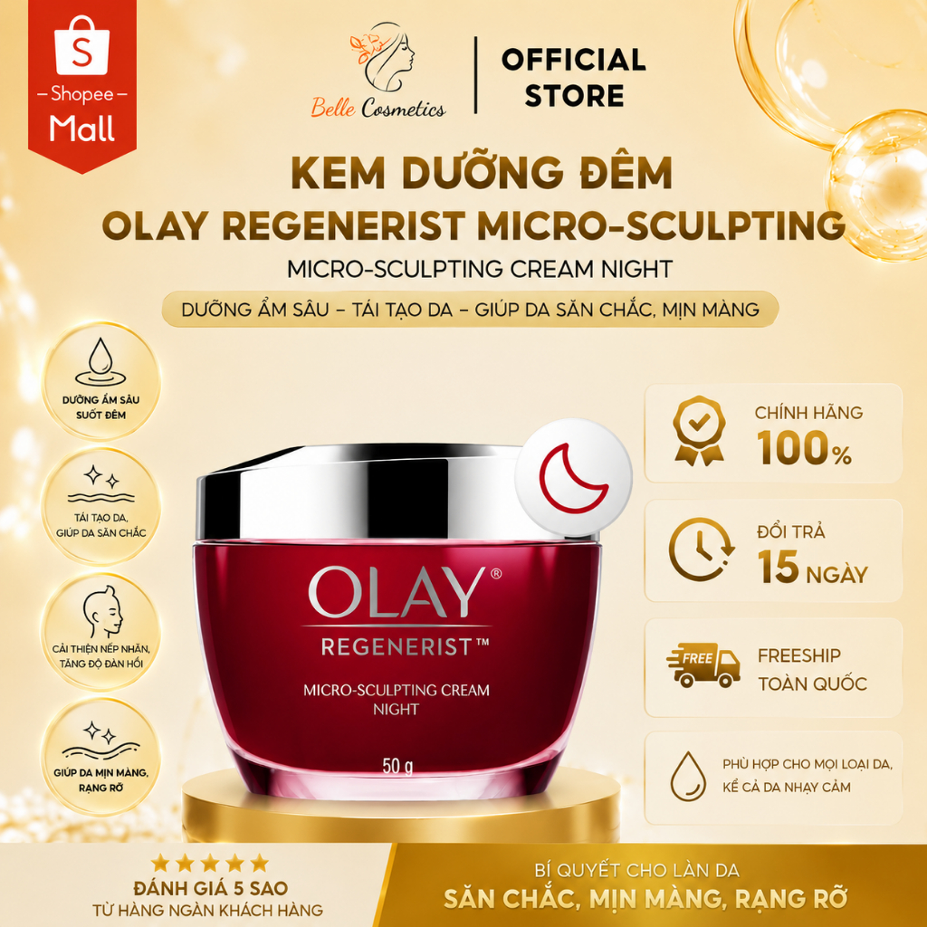 Kem Dưỡng Ẩm OLAY REGENERIST Ban Đêm Làm Căng Mướt, Sáng Khỏe & Phục Hồi Dấu Hiệu Lão Hóa 50G