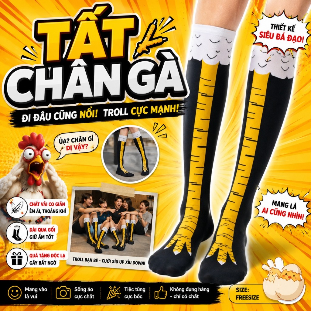 Vớ chân gà, tất hoạ tiết hình chân gà vui nhộn, tất đùi unisex hài hước in…