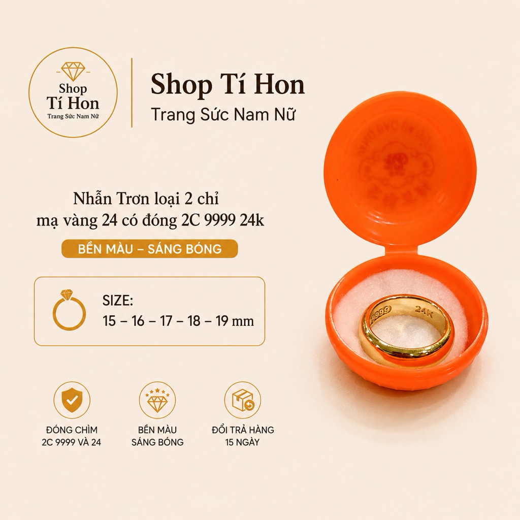 Nhẫn Trơn 2 Chỉ Mạ Vàng 24K Có Đóng 2C 9999 - Nhẫn Nam Nữ Bền Màu Sáng Bóng