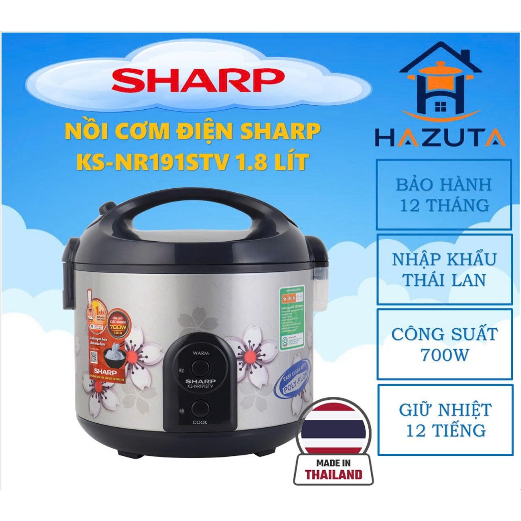 Nồi cơm điện Sharp KS-NR191STV & KS-NR181STV 1.8 lít, nhập Thái Lan, bảo hành 12 tháng toàn quốc