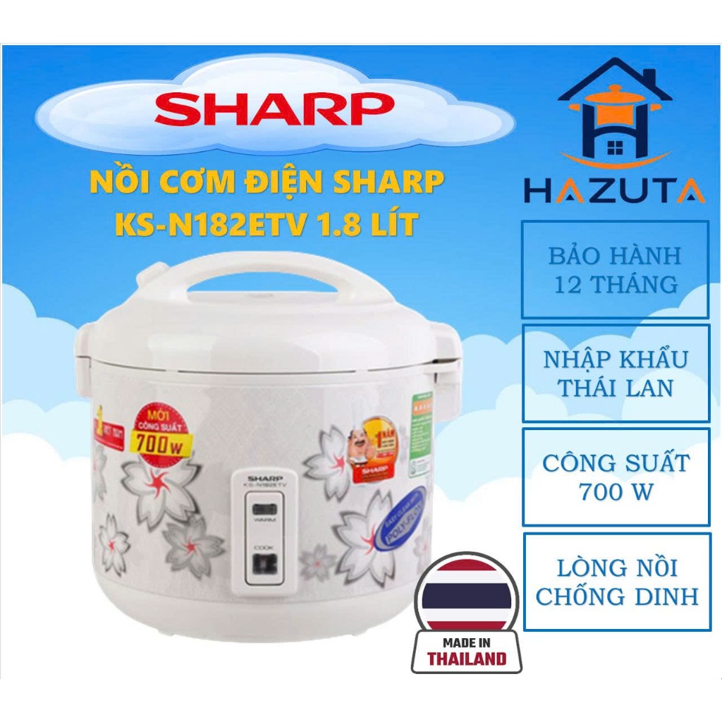 Nồi cơm điện Sharp KS-N182ETV 1.8 lít, nhập khẩu Thái Lan, thiết kế đẹp, bảo hành 12 tháng