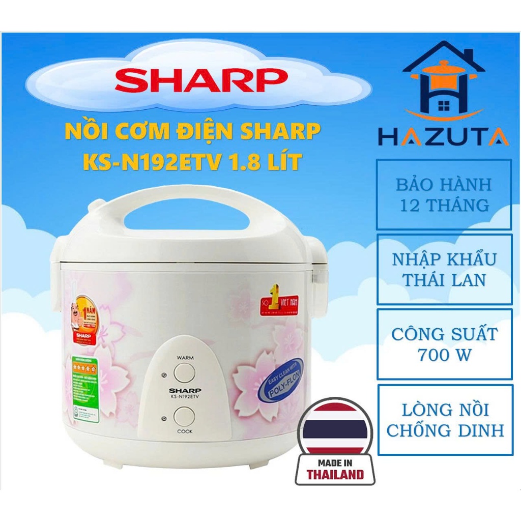 Nồi cơm điện Sharp KS-N192ETV 1.8 lít, nhập khẩu Thái Lan, thiết kế đẹp, bảo hành 12 tháng