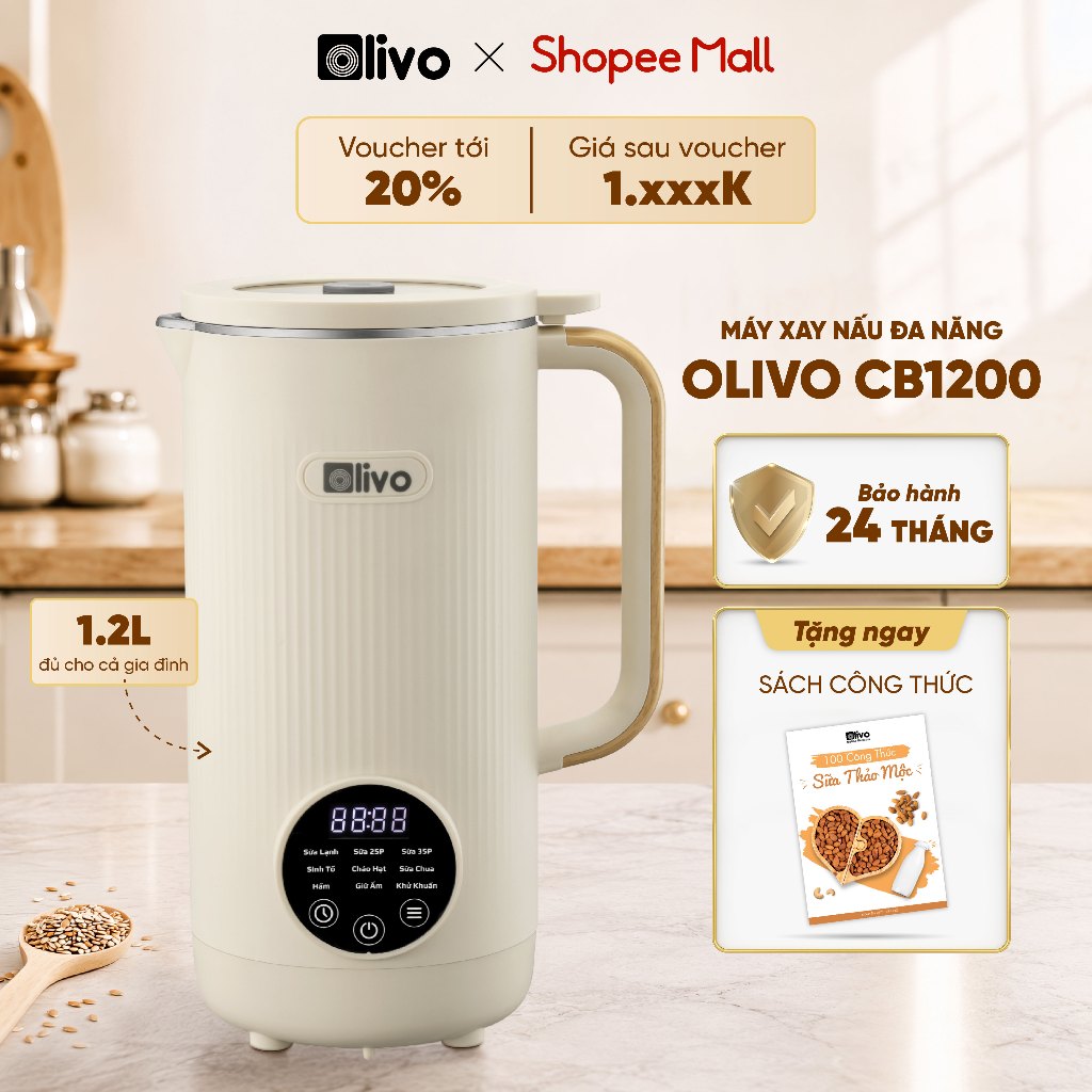 Máy Làm Sữa Hạt OLIVO CB1200 Xay Nấu Đa Năng, Dung Tích 1200ML, 10 Chức Năng Kèm Làm Sữa Chua