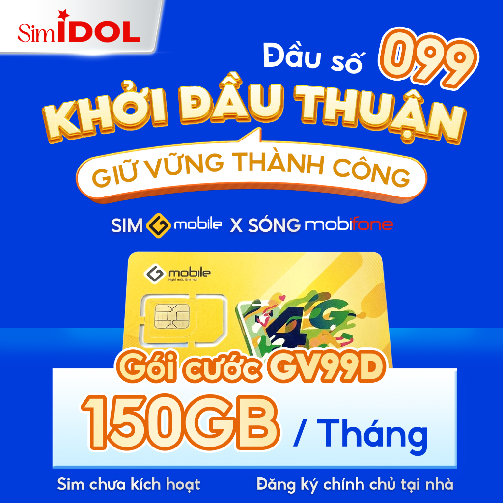 Sim GMOBILE - Sóng 4G/5G MOBIFONE - Đầu 099 - Gói GV99D - 5GB/Ngày - Cước 99K/Tháng - eSIM/Vật Lý