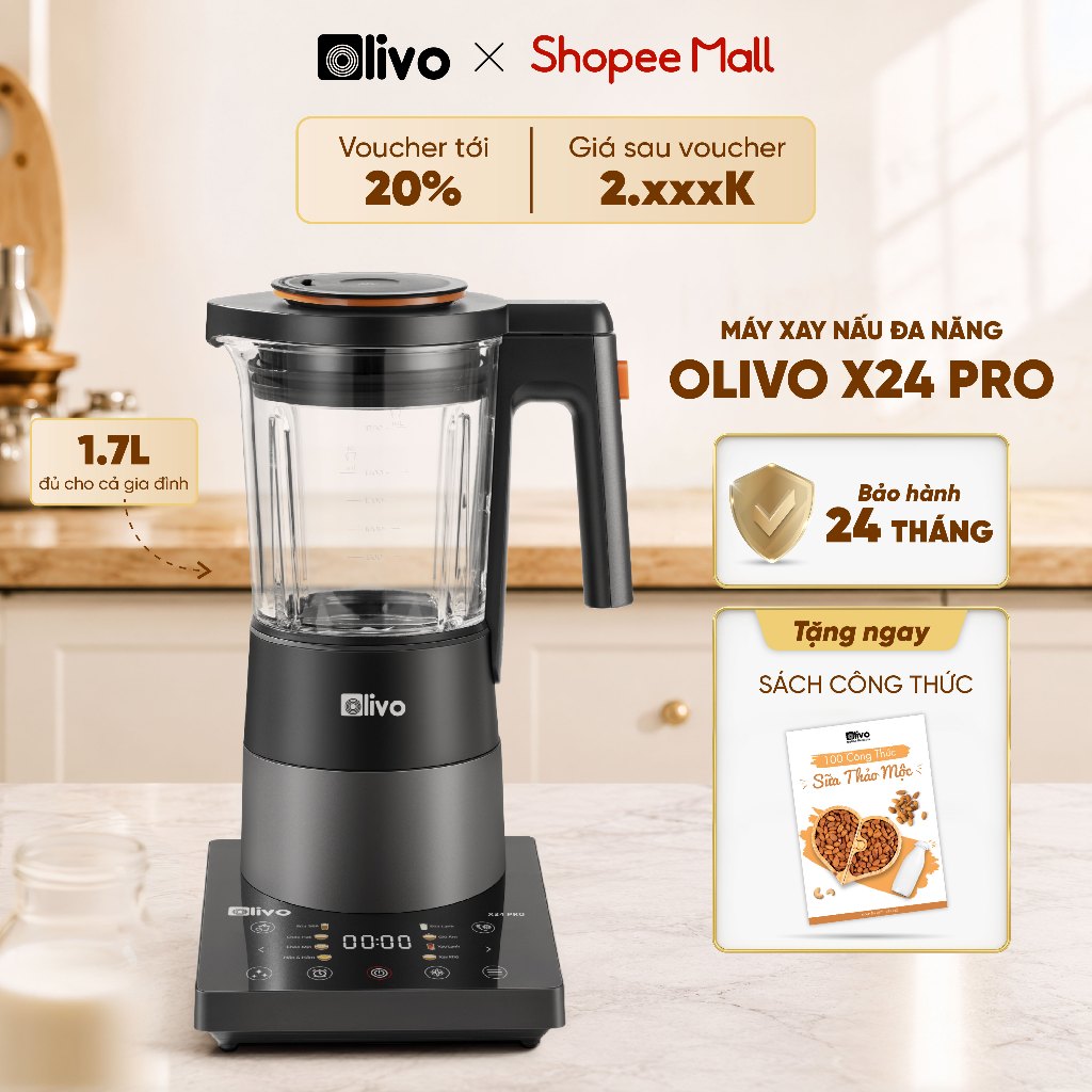 Máy làm sữa hạt OLIVO X24 PRO 2100W dung tích 1,75L mâm nhiệt gốm chống dính