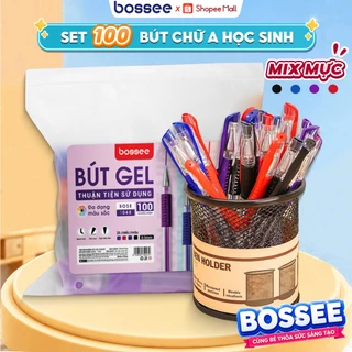 Set 100 Bút Chữ A Mực Gel Bossee 4 Màu Nét Viết 0.5mm, Túi 100 Bút Bi Nước Văn Phòng Mực Nhanh Khô