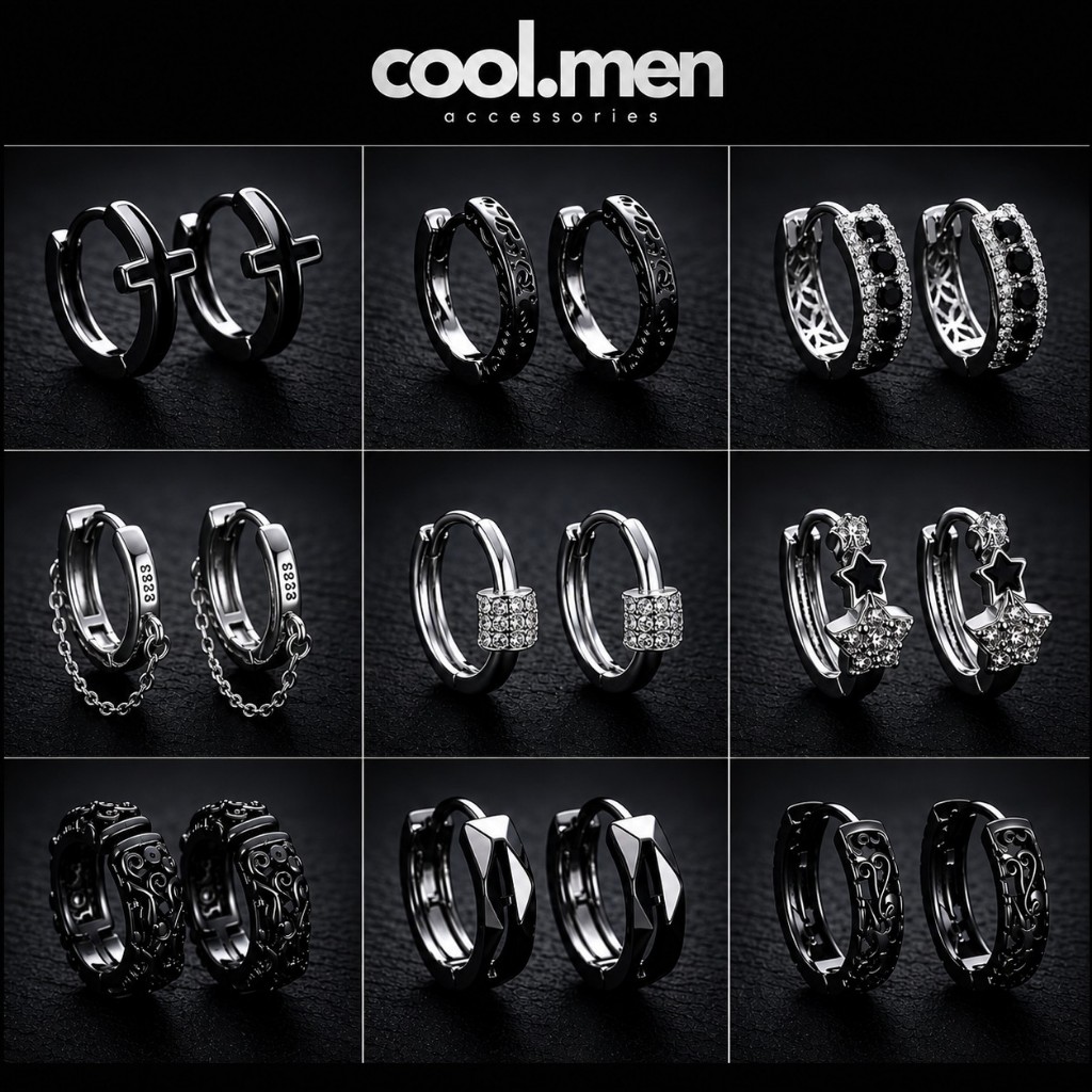 Khuyên Tai Nam Nữ Coolmen Đính Đá Đen Cá Tính, Hoa Tai  Unisex Titan Không Gỉ Gothic Retro Hàn Quốc 