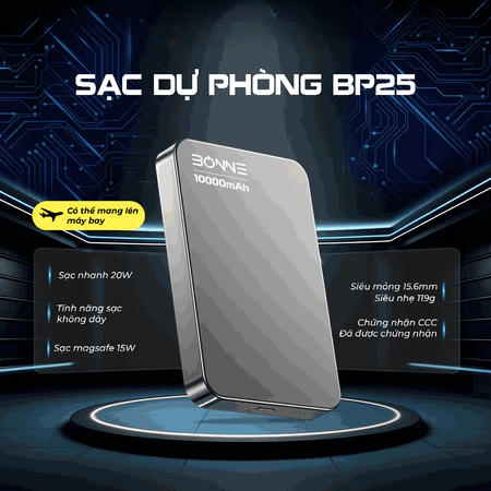 [Top Value] Sạc Nhanh BP25 Cao cấp Chính Hãng BONNE TECH,10.000 mAh Hỗ Trợ Sạc Nhanh Chuẩn Qi2