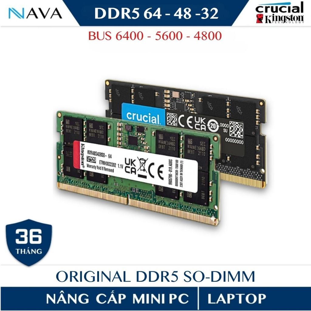 RAM Laptop DDR5 64GB 48GB 32GB 6400 5600 MHz - Kingston, Samsung, Crucial,Micron, Lexar BH 03 Năm