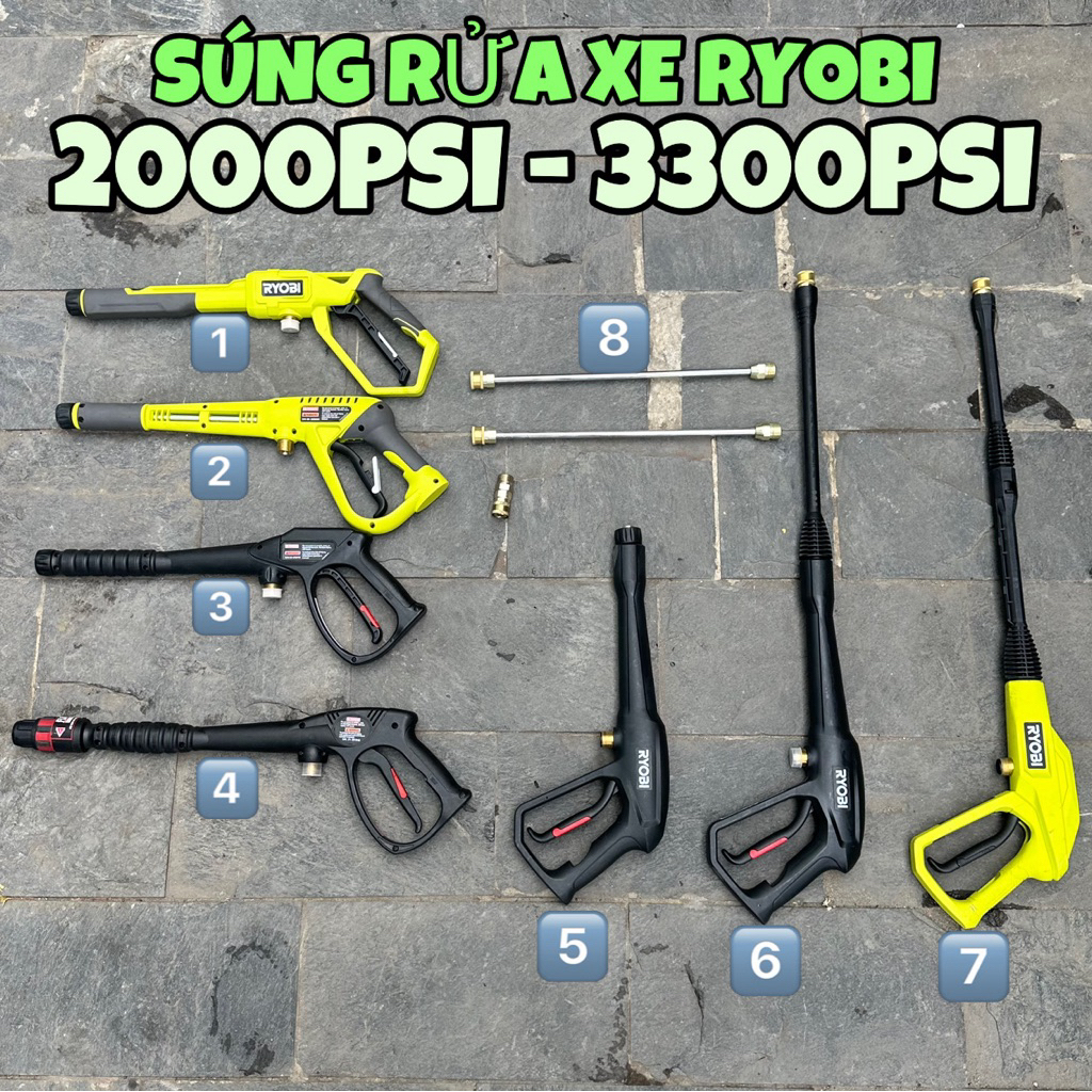 Súng Xịt Rửa Xe Ryobi Áp Cao 2000PSI - 3300PSI - 3600PSI Chính Hãng - Súng Rửa Xe Cao Áp Phân Loại N