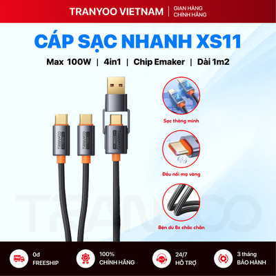 Cáp Sạc Nhanh TRANYOO XS11 Đa Năng 4in1 USB to Type C | L Type C to Type C | L Sạc Tối Đa 100W