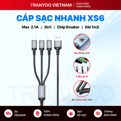 Cáp Sạc Nhanh TRANYOO XS6 3in1 USB to Type C | MicroUSB | L Hỗ Trợ Sạc Nhanh 2,1A Bọc Dù Cứng Cáp