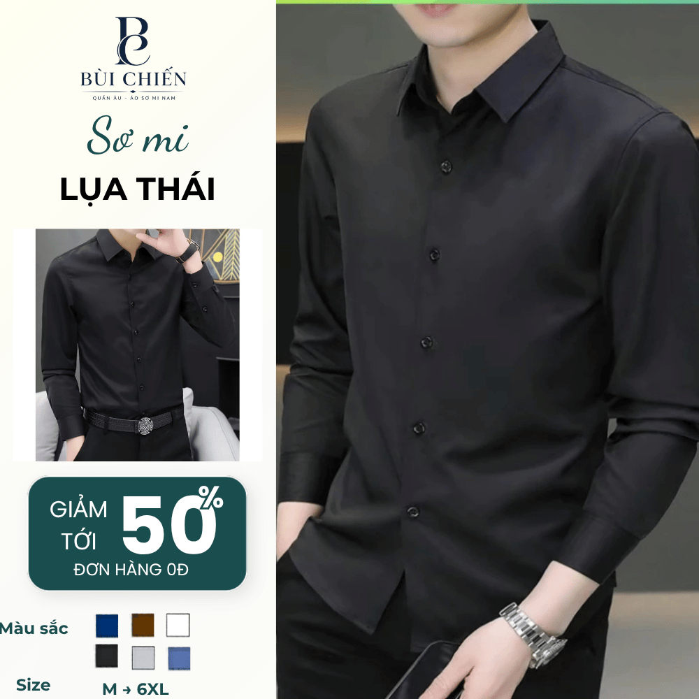 Áo sơ mi nam tay dài, công sở dáng ôm, chât liệu vái lụa thái, chông nhăn chông xù, co dãn nhẹ