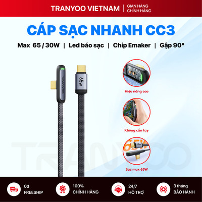 Cáp Sạc Nhanh TRANYOO CC-3 | CL-3 Cáp Gaming Chuyên Dụng Gấp Khuỷu 90° Sạc Nhanh 65W Kèm Led Báo Sạc