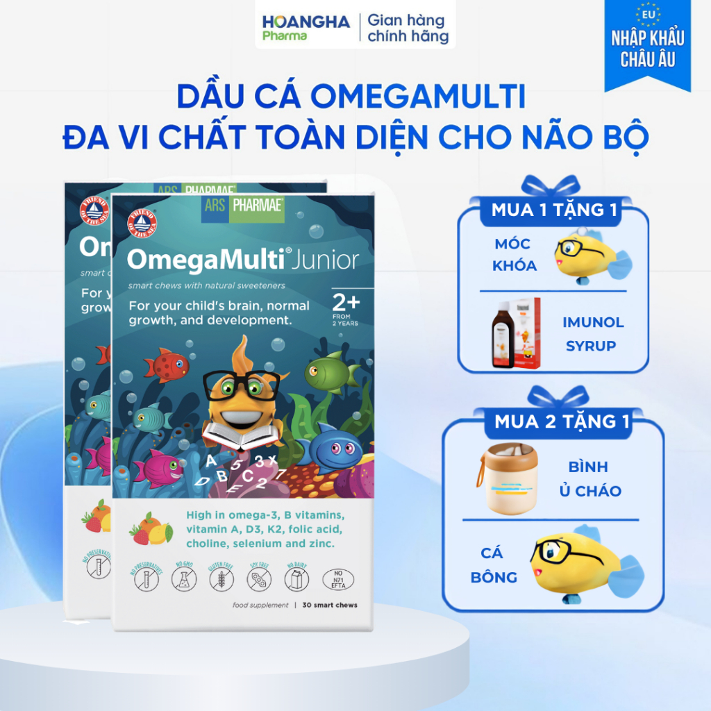 OmegaMulti Junior - Viên nhai mềm bổ sung Omega-3 (DHA/EPA), Choline, Vitamin B, A ,D3, K2 (Hộp 30 v