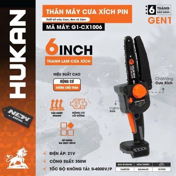Thân Máy Cưa Xích Pin Hukan CX1006 Không Chổi Than Lam Xích 6.0inch Có Bình Cha Nhớt Hukan Việt Nam