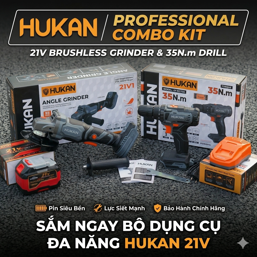 [Tặng Khoan HUKAN 35N.m] HUKAN COMBO MÀI HUKAN AG5700 + PIN 15 cell KENFU +sạc nhanh 2A chính hãng