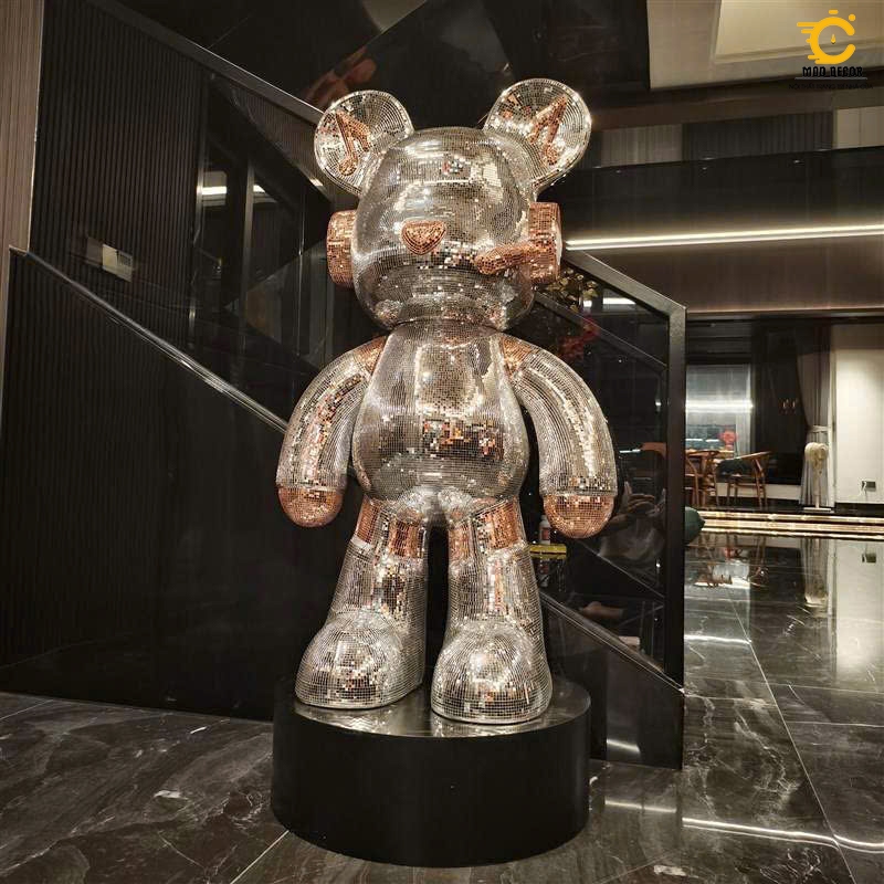 [SIZE 50cm] Tượng Gấu BearBrich DJ  Có Loa Bluetooth, đính GƯƠNG màu BẠC decor phòng khách NHÀ SANG 
