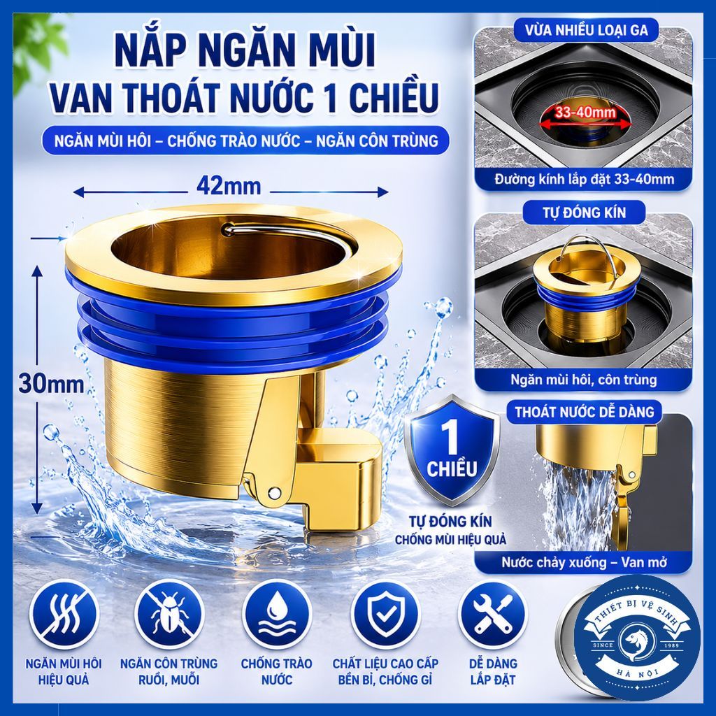 Nắp đậy cống thoát nước ngăn mùi, chống côn trùng, van thoát nước 1 chiều, nắp chặn Đồng + Long đen