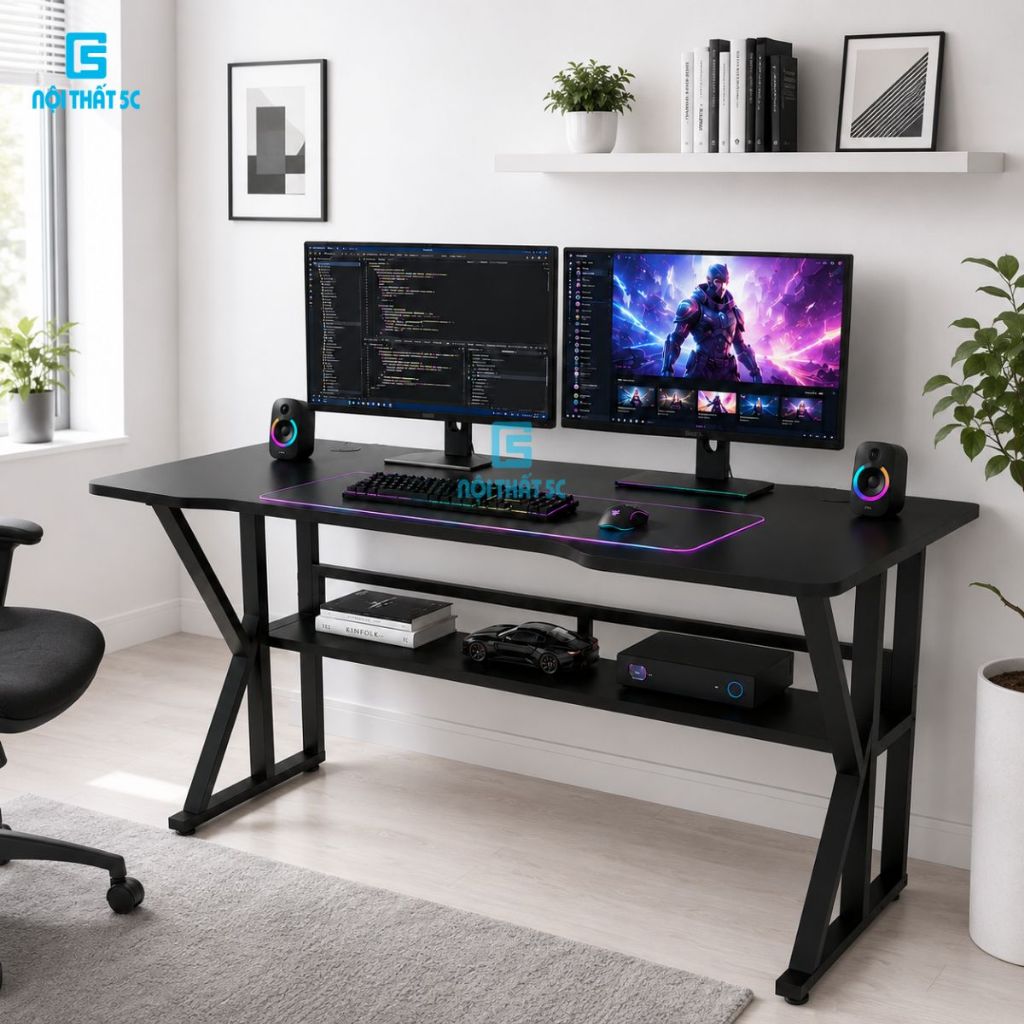 Bàn làm việc, bàn gaming chân K 1m4, 1m2, 1m Nội Thất 5C bản nâng cấp, sắt hộp 20x40mm chắc chắn thiết kế hiện đại