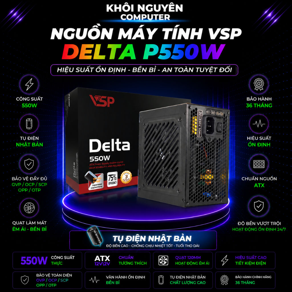 Nguồn Máy Tính VSP Delta P550W – PSU Chính Hãng 550W, Ổn Định, Quạt Êm Cho PC Gaming