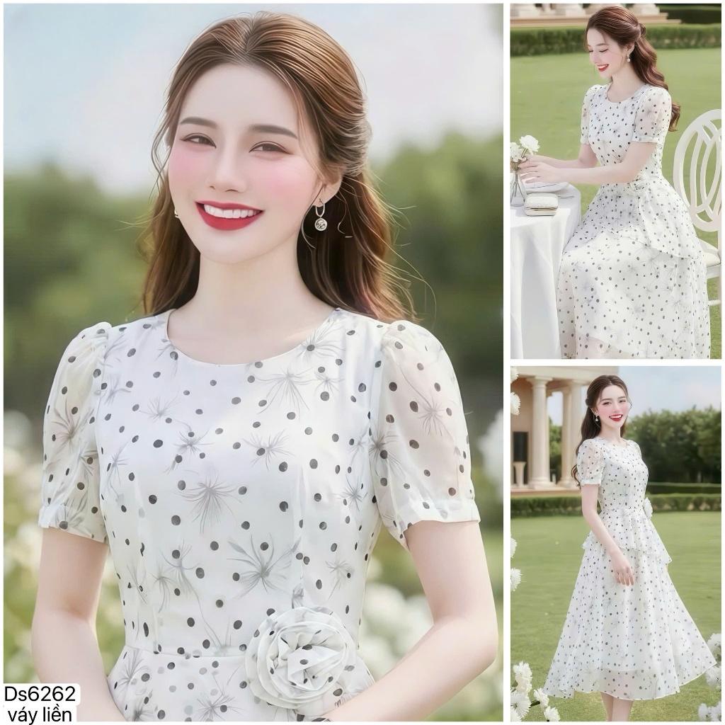 (Váy/Đầm Chính Hãng DVC) Ds6262 Thiết kế chấm bi đính hoa eo thủ công, peplum che bụng tôn dáng
