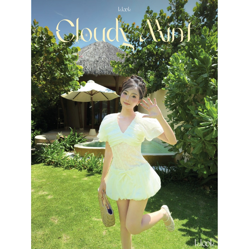 KLOOK, CLOUDY MINT DRESS, Váy trắng babydoll Phối Ren Tiểu Thư Dịu Dàng Tay Phồng Đi Biển Style Hàn 