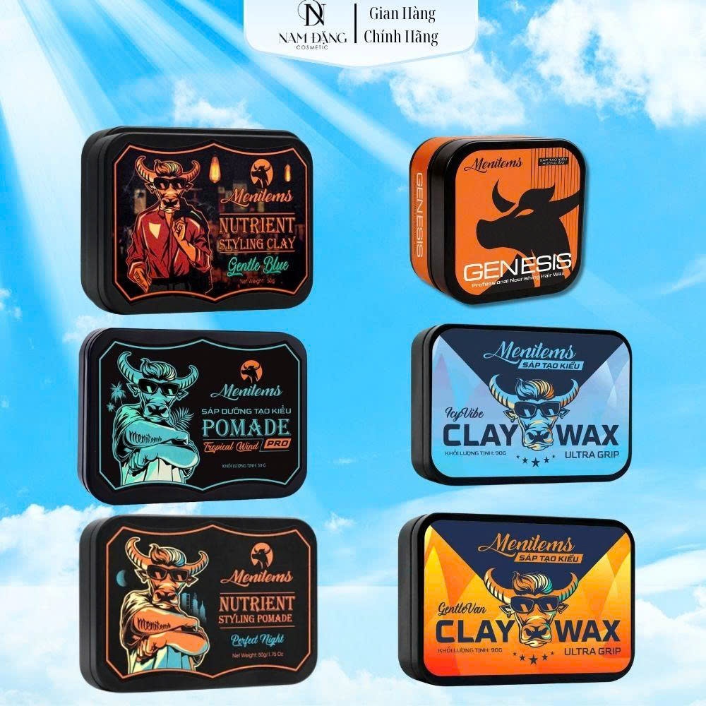 Sáp vuốt tóc Menitems Clay Wax Ultra Grip 90g, Perfect Night, Tropical Wind, Gentle Blue 50g-100g