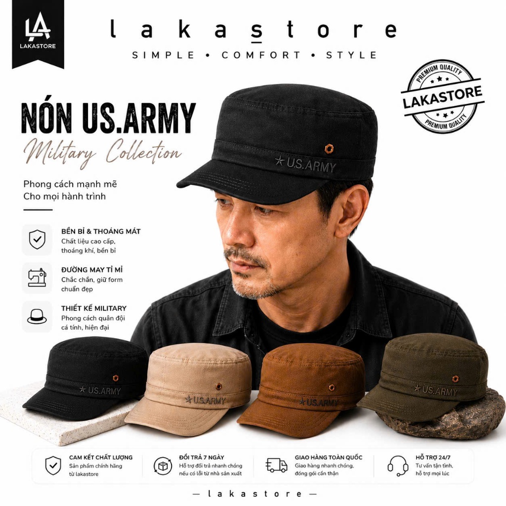 Mũ Lưỡi Trai Đầu Bằng Thêu logo chi tiet US.ARMY  Khóa Tăng Giảm LK24 Laka Store Form Phẳng Unisex