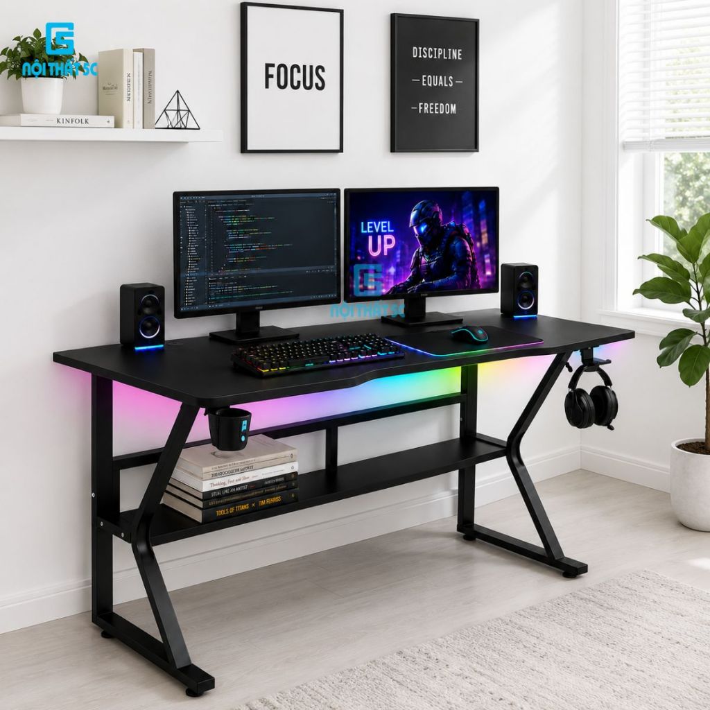 Bàn làm việc, bàn gaming 1m4, 1m2,1 Nội Thất 5C chân K cong, mặt bàn rộng rãi khung sắt sơn tĩnh điệ