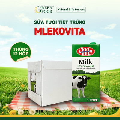 Thùng 12 Hộp Sữa Tươi Tiệt Trùng Mlekovita Ít Béo 1L-1.5% Béo, Không Đường, dùng Ăn Kiêng, từ Ba Lan