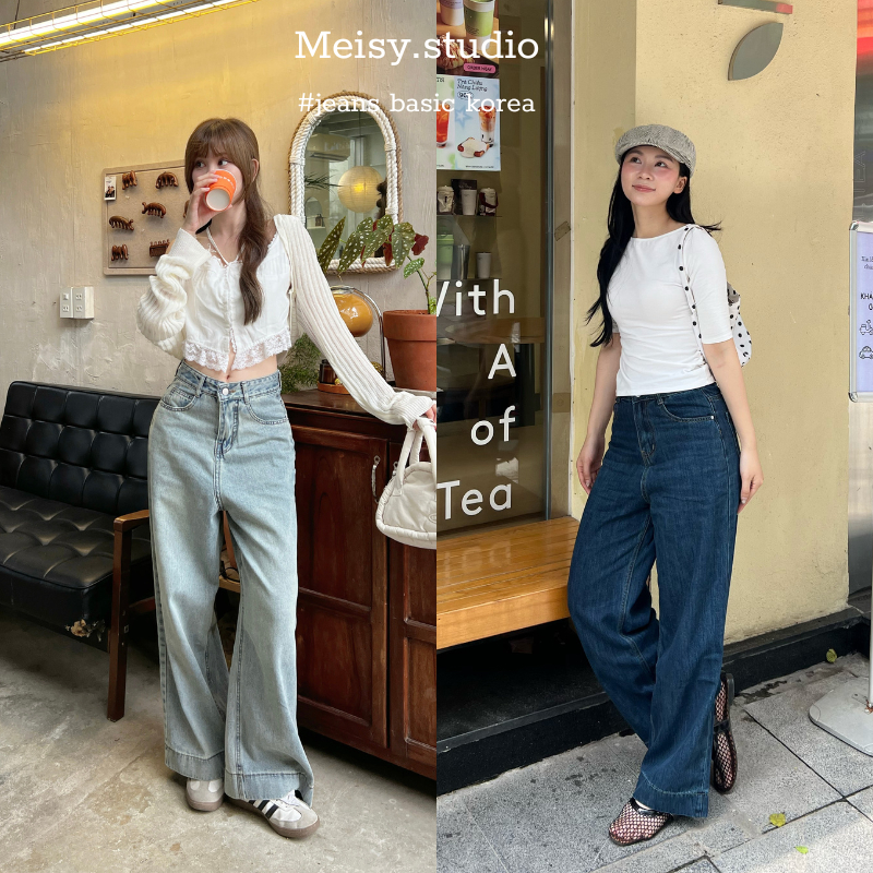 Quần jeans bò ống rộng Meisy vải denim màu xanh đậm màu xanh nhạt chất jeans mềm mặc mùa hè mát không co giãn Meisy