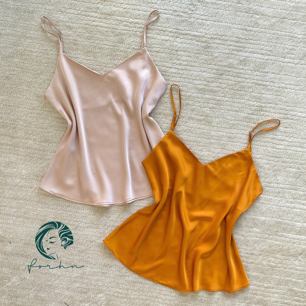 Áo hai dây lụa satin cổ tim màu be, cam apricot | EDNA TIM TOP FORHN