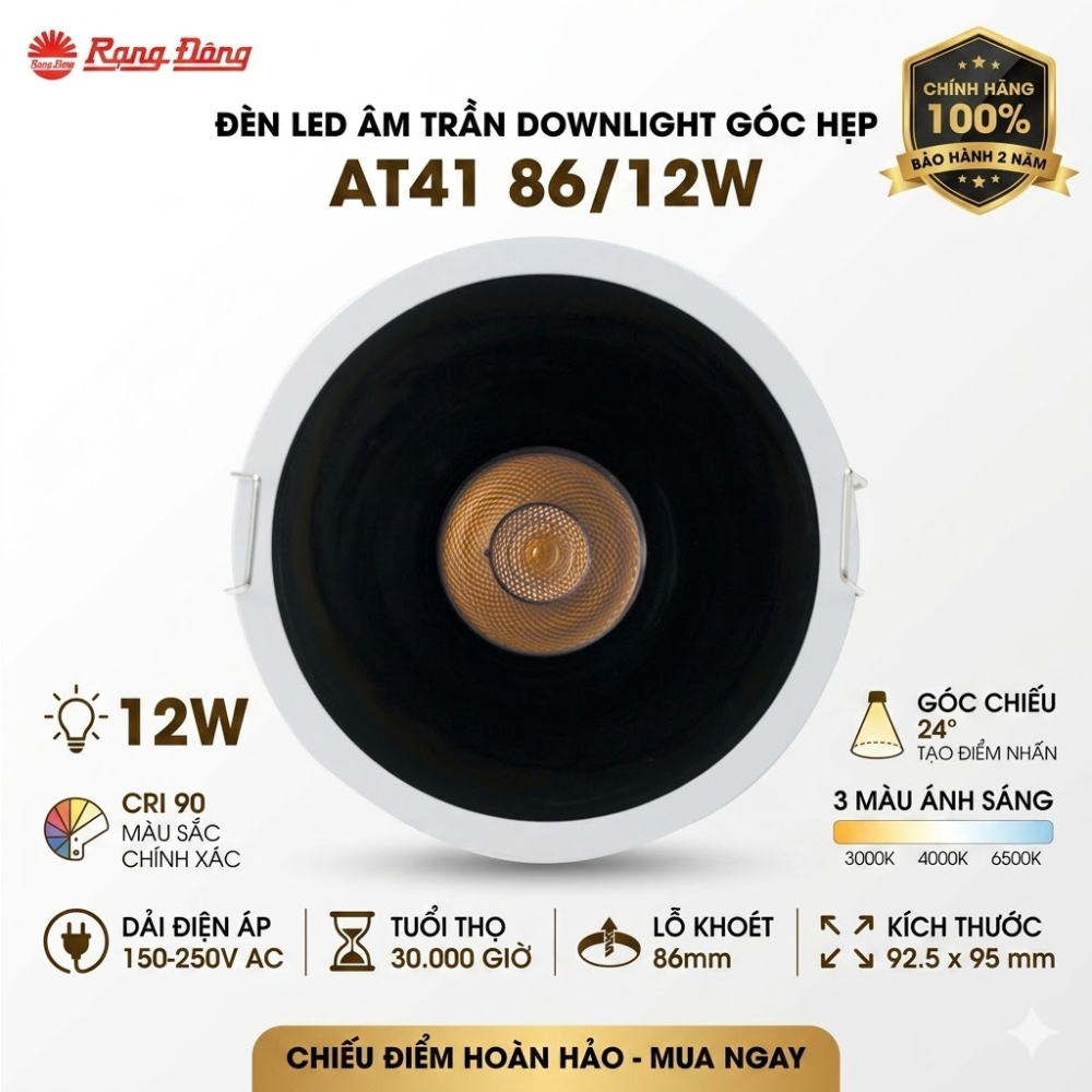 Đèn LED Âm Trần Downlight Góc Hẹp 12W Rạng Đông AT41 86/12W Chiếu Điểm Tạo Khối Nội Thất