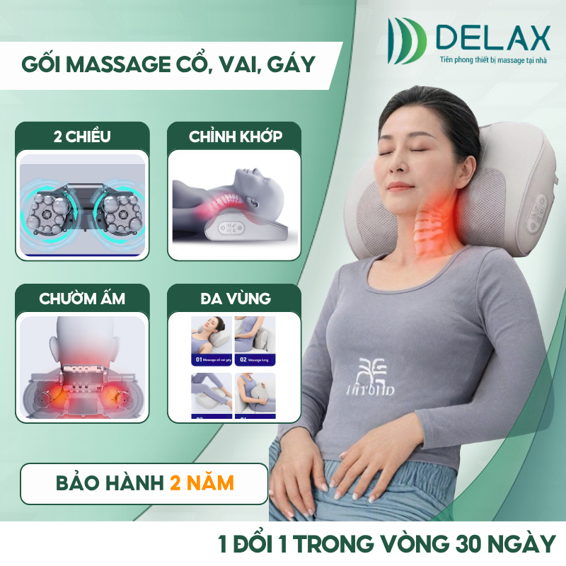 Gối Massage Cổ Vai Gáy DELAX Massage 3D Hồng Ngoại Đảo Chiều Giúp Giảm Đau Nhức,Máy Mát Xa Đa Năng T