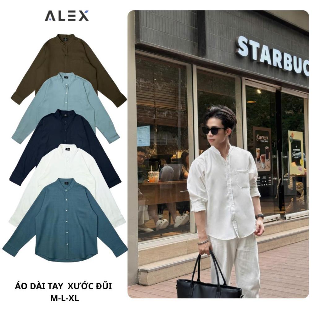 Áo Sơ Mi ALEXMAN A35 Cổ Tàu Trơn Dài Tay Phiên Bản Premium Chất Liệu Đũi Xước